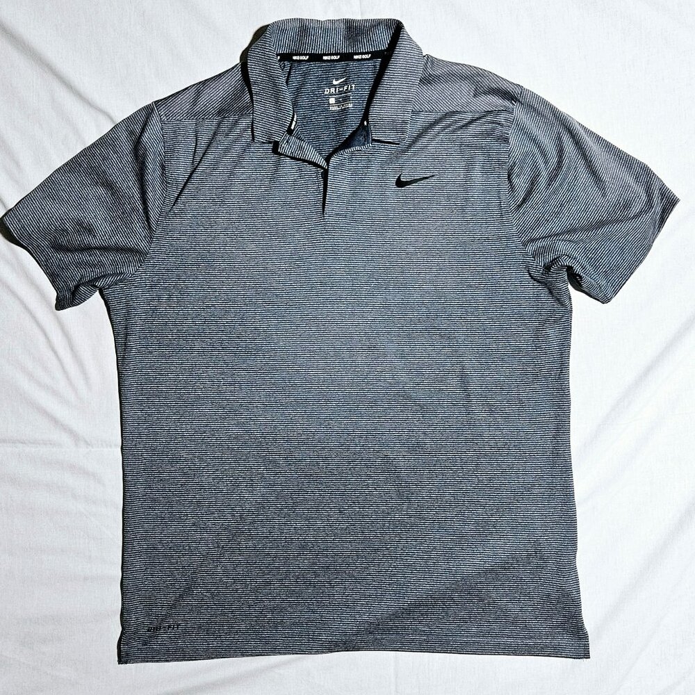 NIKE GOLF DRI FIT STRIPED BLACK GREY POLO LARGE EUC
